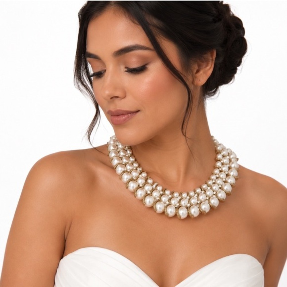 Vintage Style Faux Pearl Gold Tone Rhinestone Bib Necklace Collar Wedding 103-29